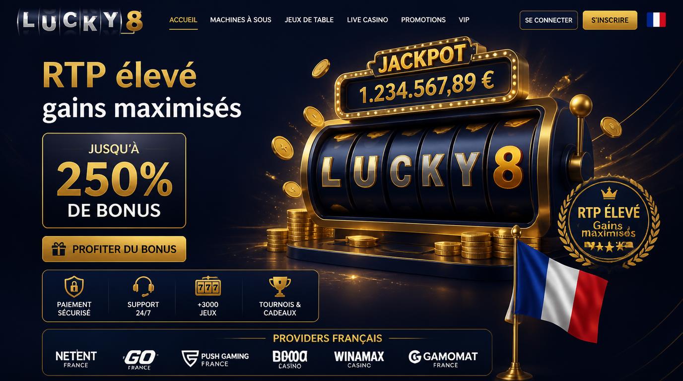 Interface Lucky8 illustrant un bonus généreux et des machines à sous de qualité