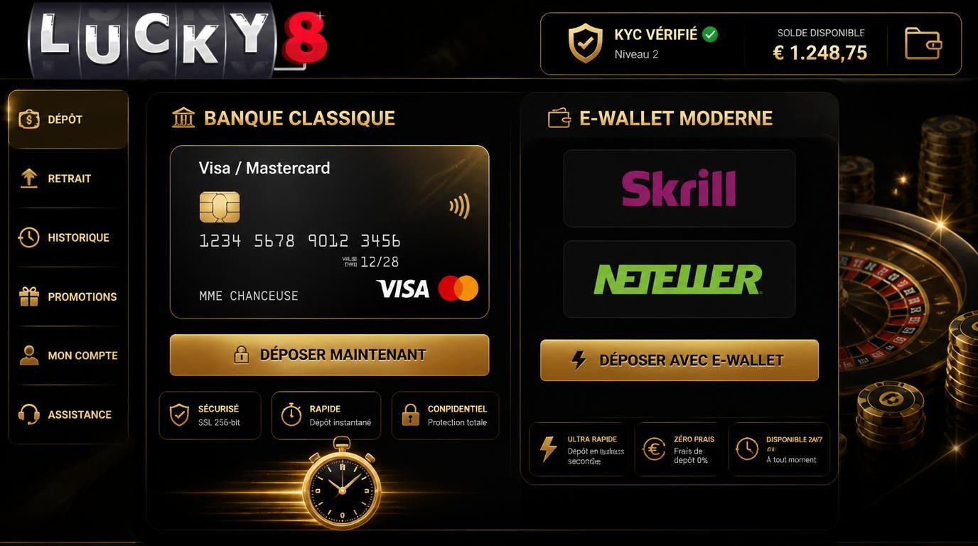 Interface montrant cartes bancaires et e-wallets avec indicateurs de rapidité et conformité