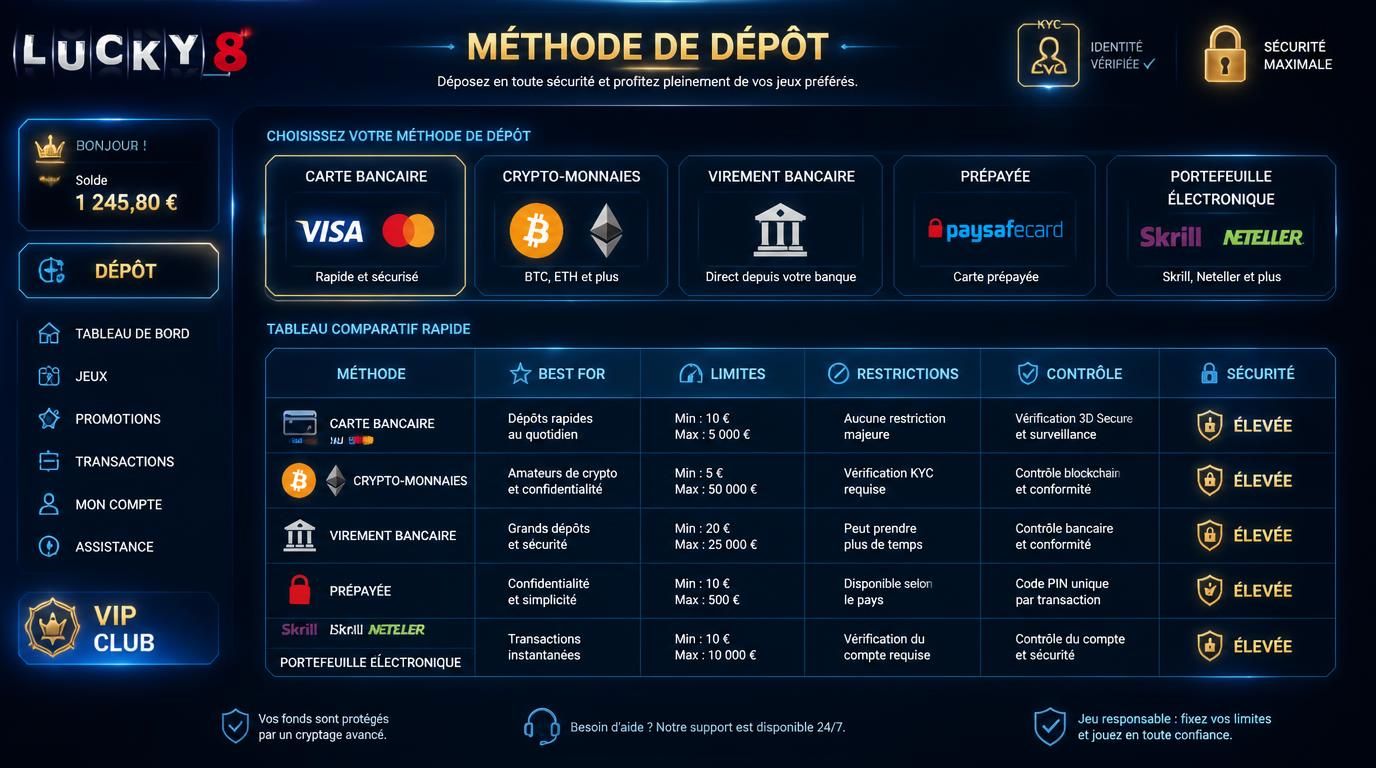 Différentes méthodes de dépôt avec KYC et limites visibles