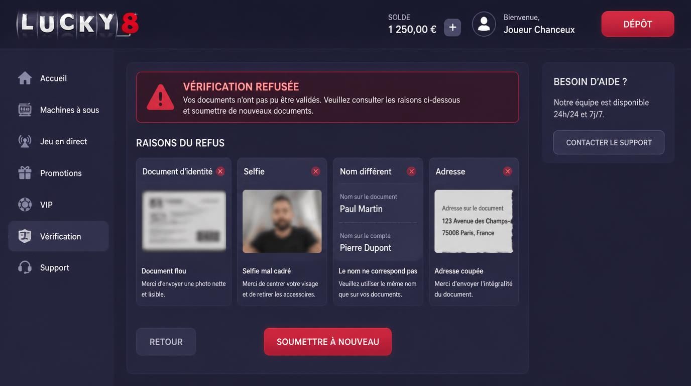 Erreur dans la vérification documents refusés par le casino
