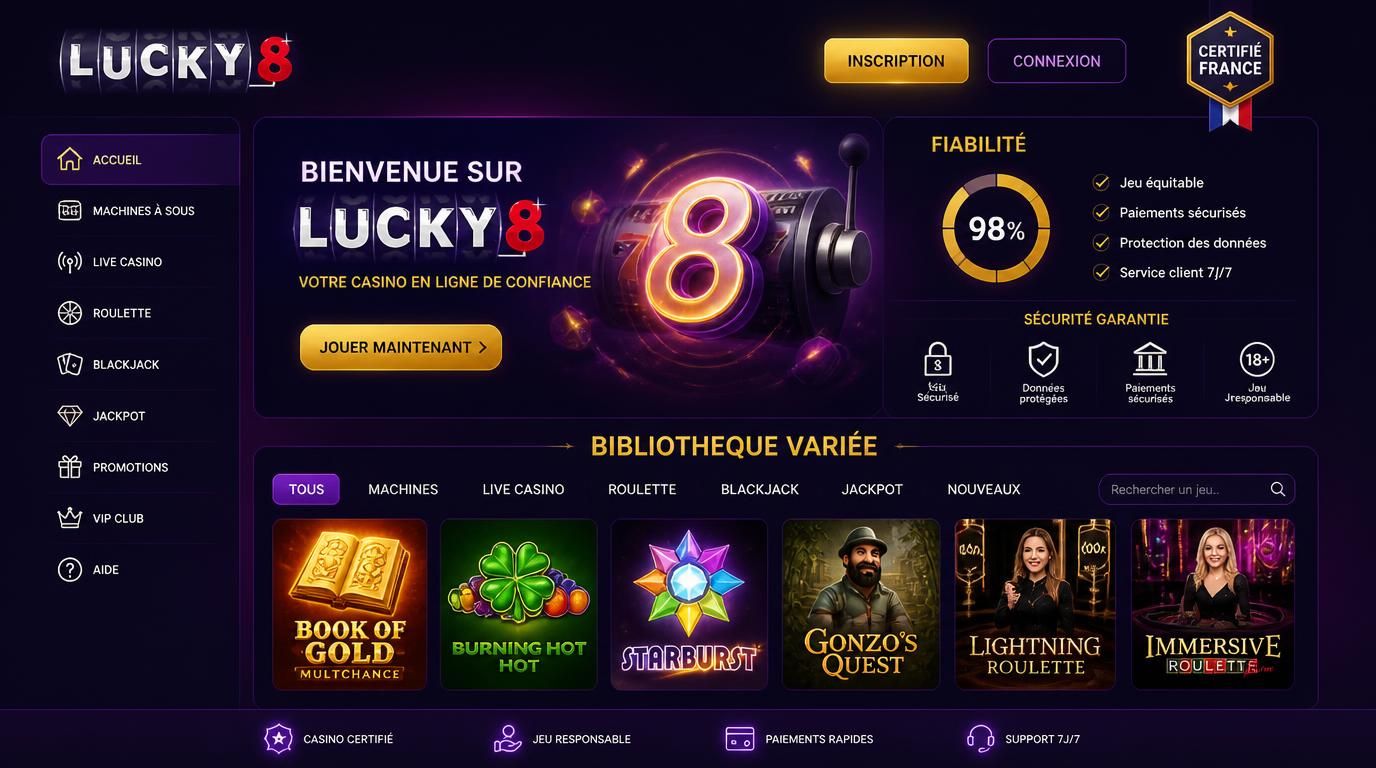 Interface de casino sécurisée avec jeux variés et badge France